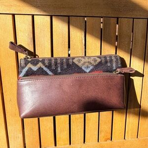 Pendleton Brown Leather and Multi colored fabric Cosmetic Bag